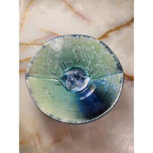 Bill Campbell Handcrafted Signed Ceramic Bowl Studio Art With Blue & Green Cryst
